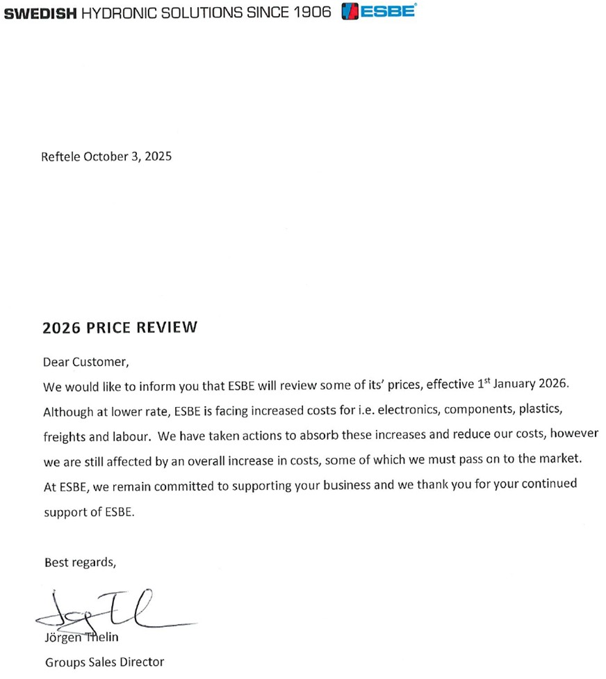 Esbe prisstigning 2026